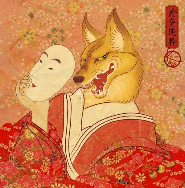 fox kitsune putting a mask